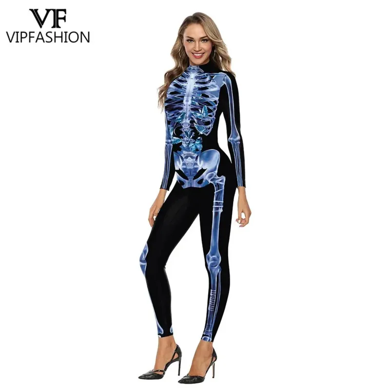 VIP FASHION Blue Skeleton Catsuit Men Women Jumpsuit Halloween Costume Carnival Zentai Bodysuit Scary Party Outfit Purim Clothes