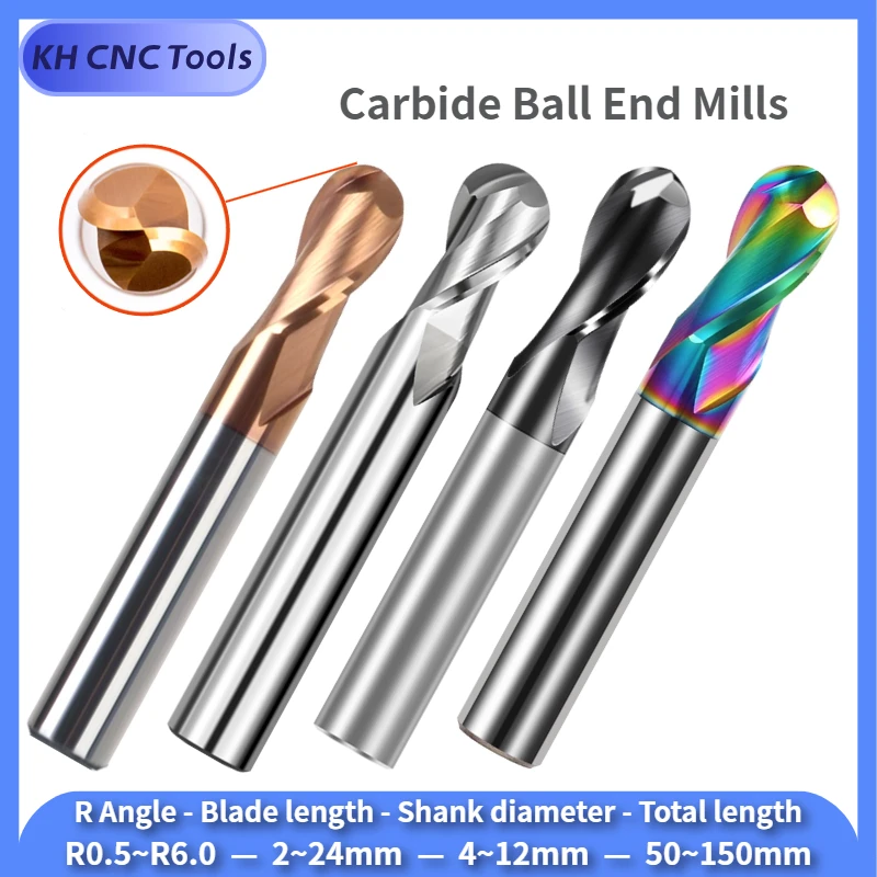 

KH CNR0.5-R6.0mm CNC Machine Machining Milling Cutter 60/65degree 2-Flute Carbide Ball End Mills For Steel/Aluminum Processing