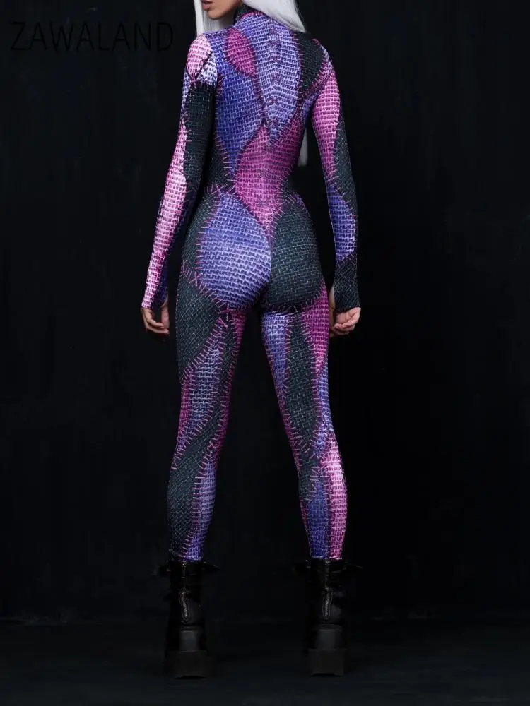 Zawaland Jumpsuit Women Clown Cosplay Costume Splice 3D Print Zentai Bodysuit Halloween Carnival Party Adult Sexy Catsuit Suit