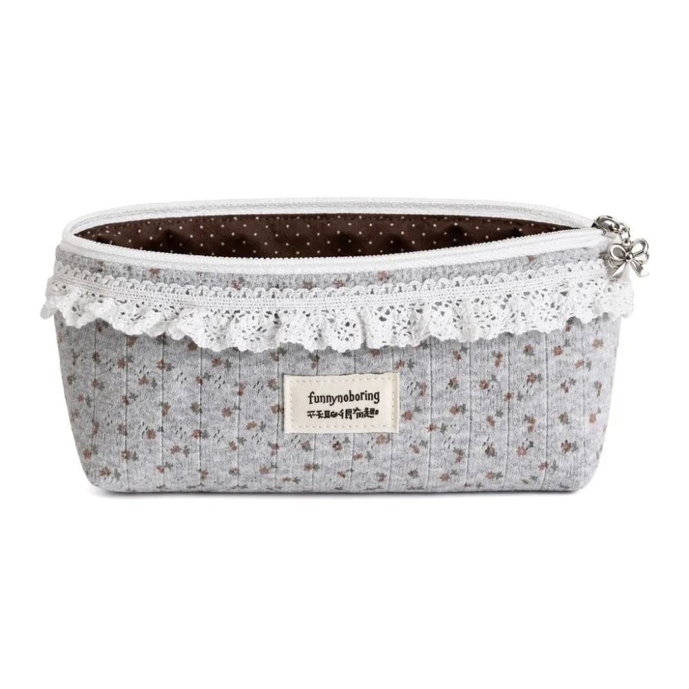 Vintage Floral Pattern Pencil Case Grey Large Capacity Pen Bag Lace Trim Stationery Organizer School Office Supplies