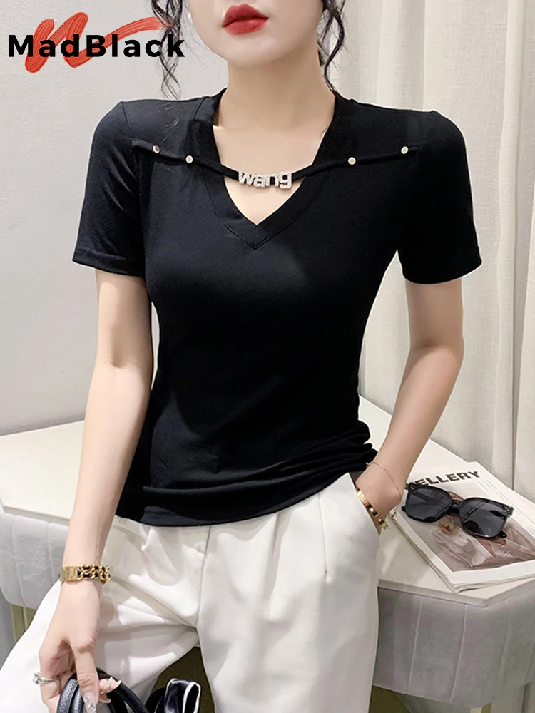 MadBlack Summer European Clothes Tshirt Women's Sexy V Necks Plain Slim Tops With Short Sleeve Bottoming Tees New 2023 T34444C