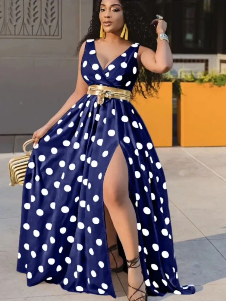 Abito lungo sexy a pois con scollo a V profondo per le donne Abiti estivi Boho senza maniche con stampa slim con spacco laterale Abiti maxi da festa Robe Femme