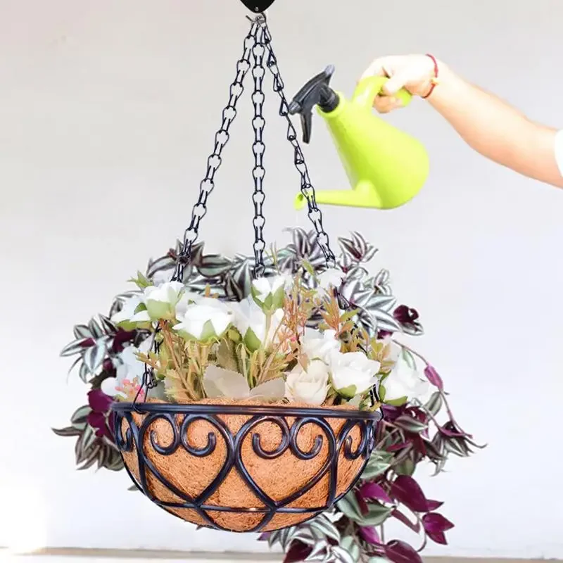 hangable Garden Baskets For Plants 10 Inch Iron Planter Resin Plant Basket Decoration Round Plant Holder With Chain For Patio