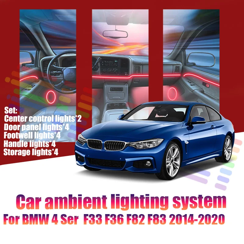 

Для BMW 4 серии F33 F36 F83 2014-2020: Светодиодные лампы для создания атмосферы в салоне, цветные неоновые полосы, 64 RGB-цвета.