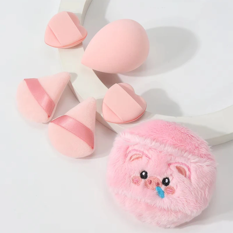 6Pcs Makeup Tools Set with Cute Plush Animal Loose Powder Puff  Soft Foundation Applicator Kit for Women Gift