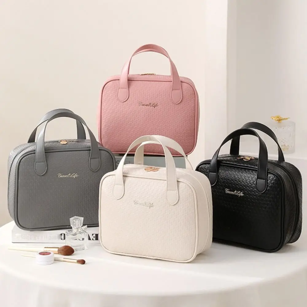 Imagem -04 - Bolsa Cosmética Simples em Couro pu para Meninas Moda Portátil Elegante Bolsa de Maquiagem Quadrada Organizador de Higiene Pessoal de Grande Capacidade