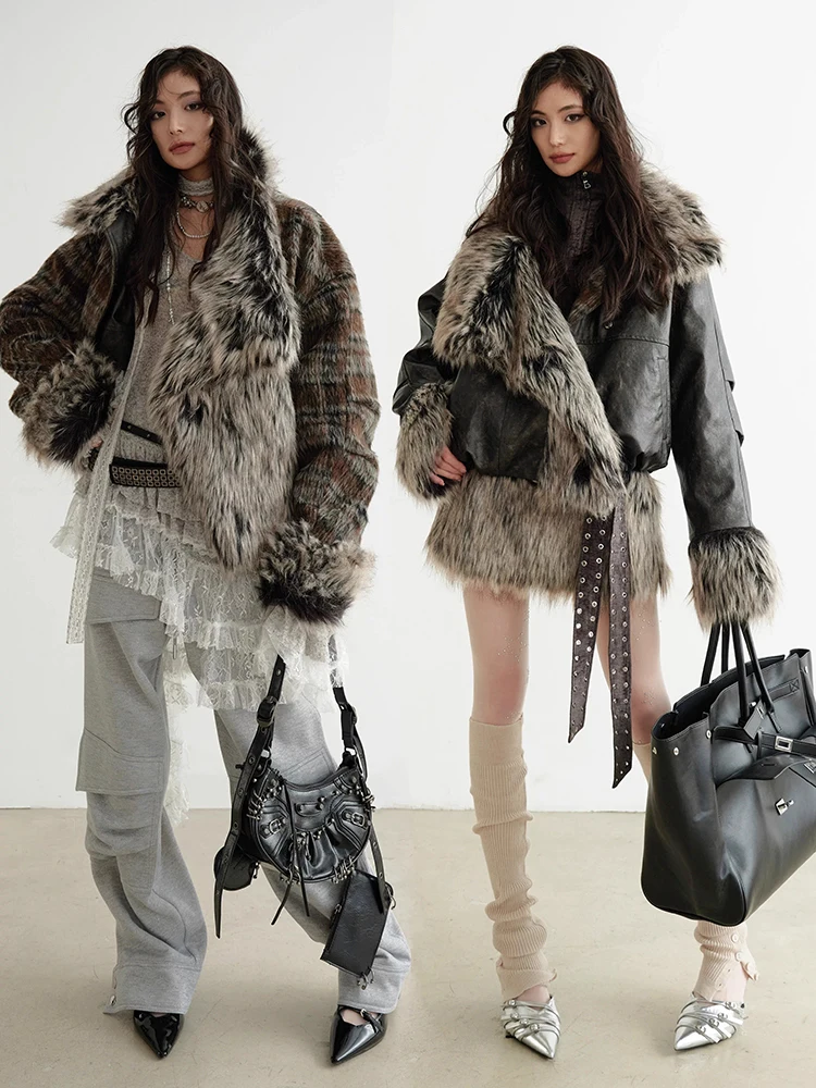 

Lautaro Winter Short Thick Warm Oversized Reversible Pu Leather Patchwork Faux Fur Coat Women Long Sleeve Fluffy Jacket 2025