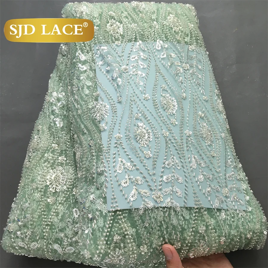 SJD LACE African Beads Mesh Lace Fabrics 5 Yards 2025 High Quality French Nigerian Net Sequins Lace For Women Dresses Sew 4083