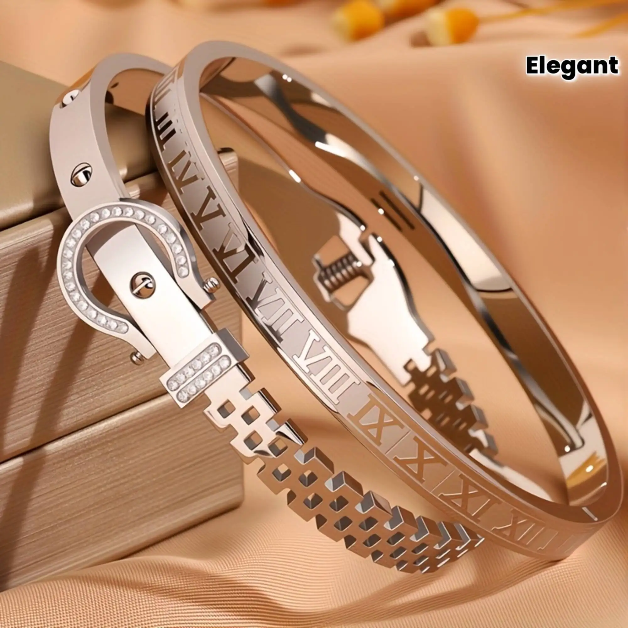 2-piece Set Of Vintage Multi-color Stainless Steel Bracelets, Unique Horseshoe Roman Pattern Design, Hypoallergenic, Durable