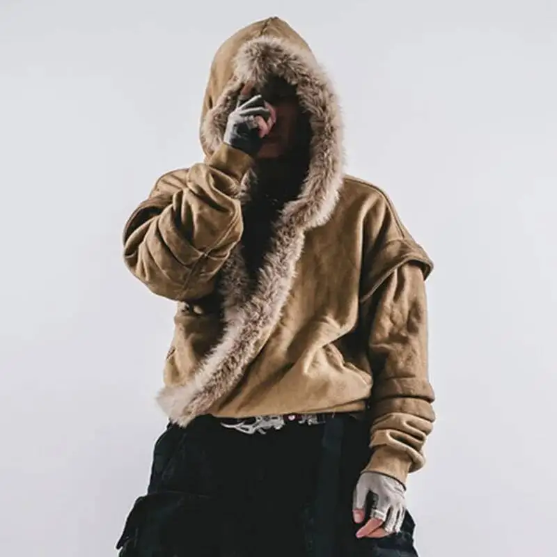 HKSH Autumn Winter New Man Waste Land Style Washed Retro Distressed Hooded Pullover Robe Thickened Fur Collar Sweatshirt HK13419