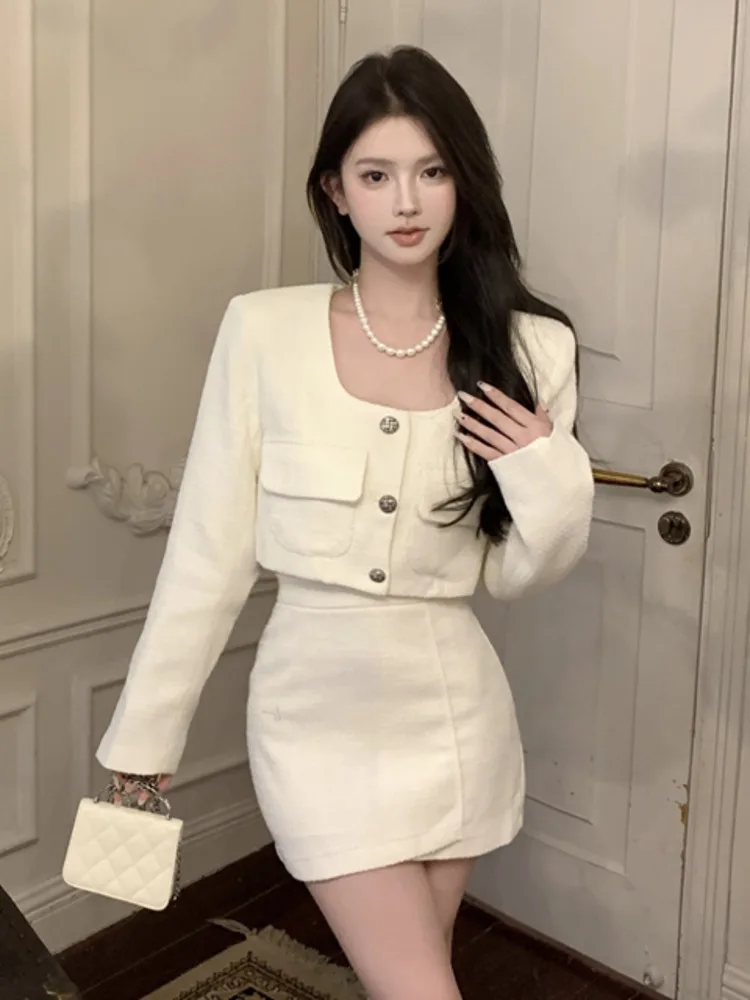 High Quality Small Fragrant Two Piece Set Women Short Jacket Coat + Skirt Suits Korean Elegant Fashion 2 Piece Sets Women Outfit