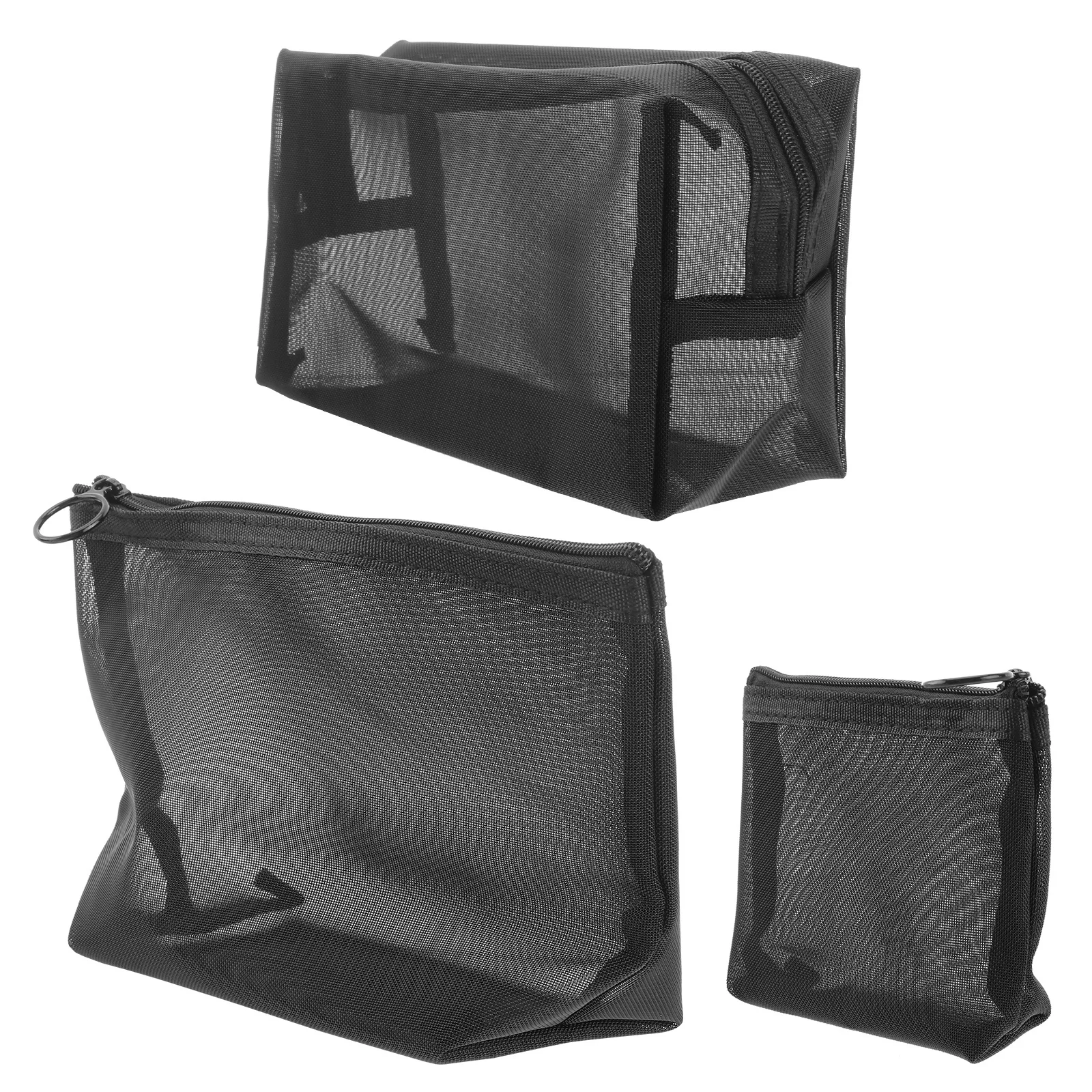 3 قطع من أكياس تخزين السفر الشبكية باللون الأسود المحمولة بسحاب منظم وحقيبة متعددة الأغراض لفرشاة المكياج وحامل كابل