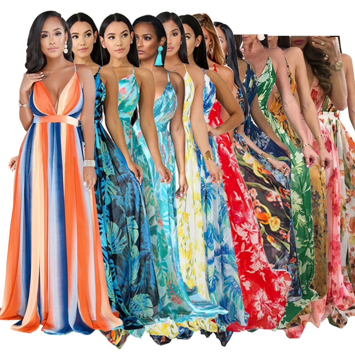 

Women Long Maxi Dresses Sexy V Neck Boho Floral Print Summer Dress Back Corss Backless Beach Long Vestidos Plus Size Dress