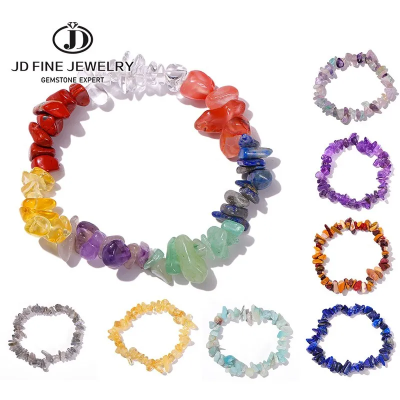 JD Natural Crystal Stone Seven Chakra Irregular Energy Bracelet Women Men Healing Amethyst Fluorite Chip Strand Bracelet Gift