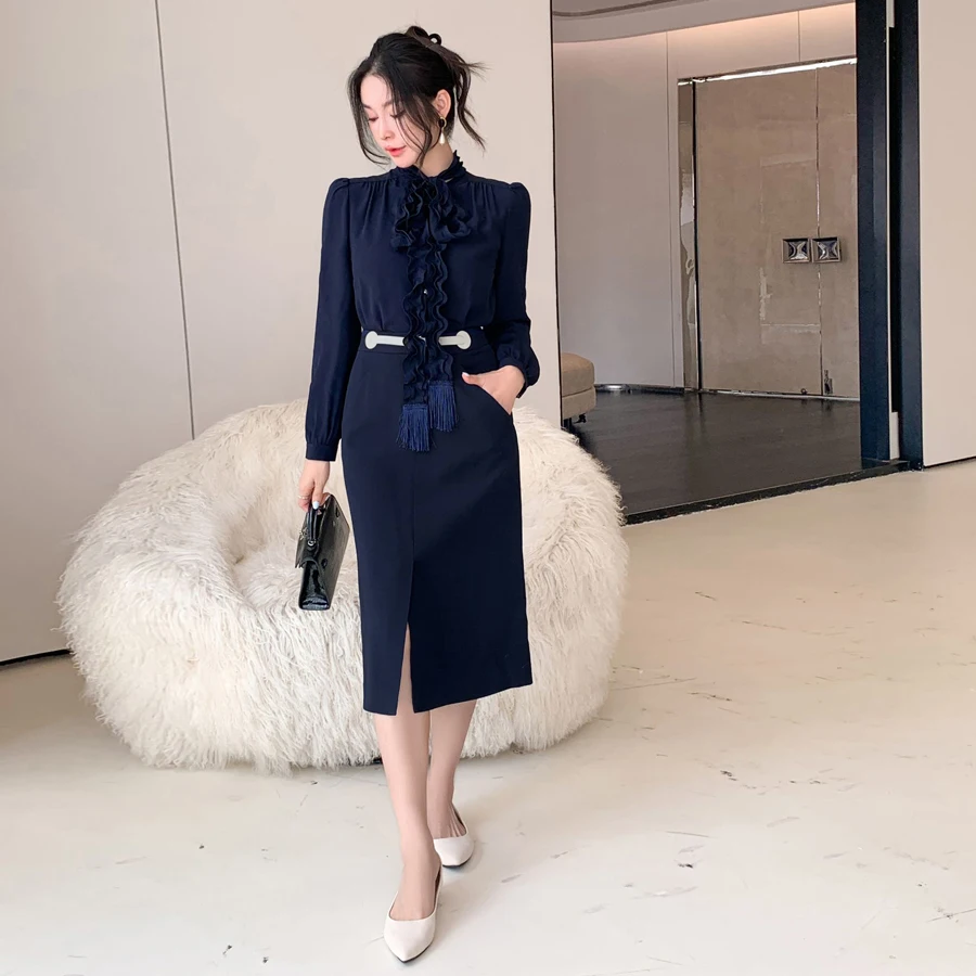 

Elegant Lady Stylish Skirt with Pocket High Waist Slim Fit Vintage Hepburn Style Split Silk Blend Wrap around Skirt