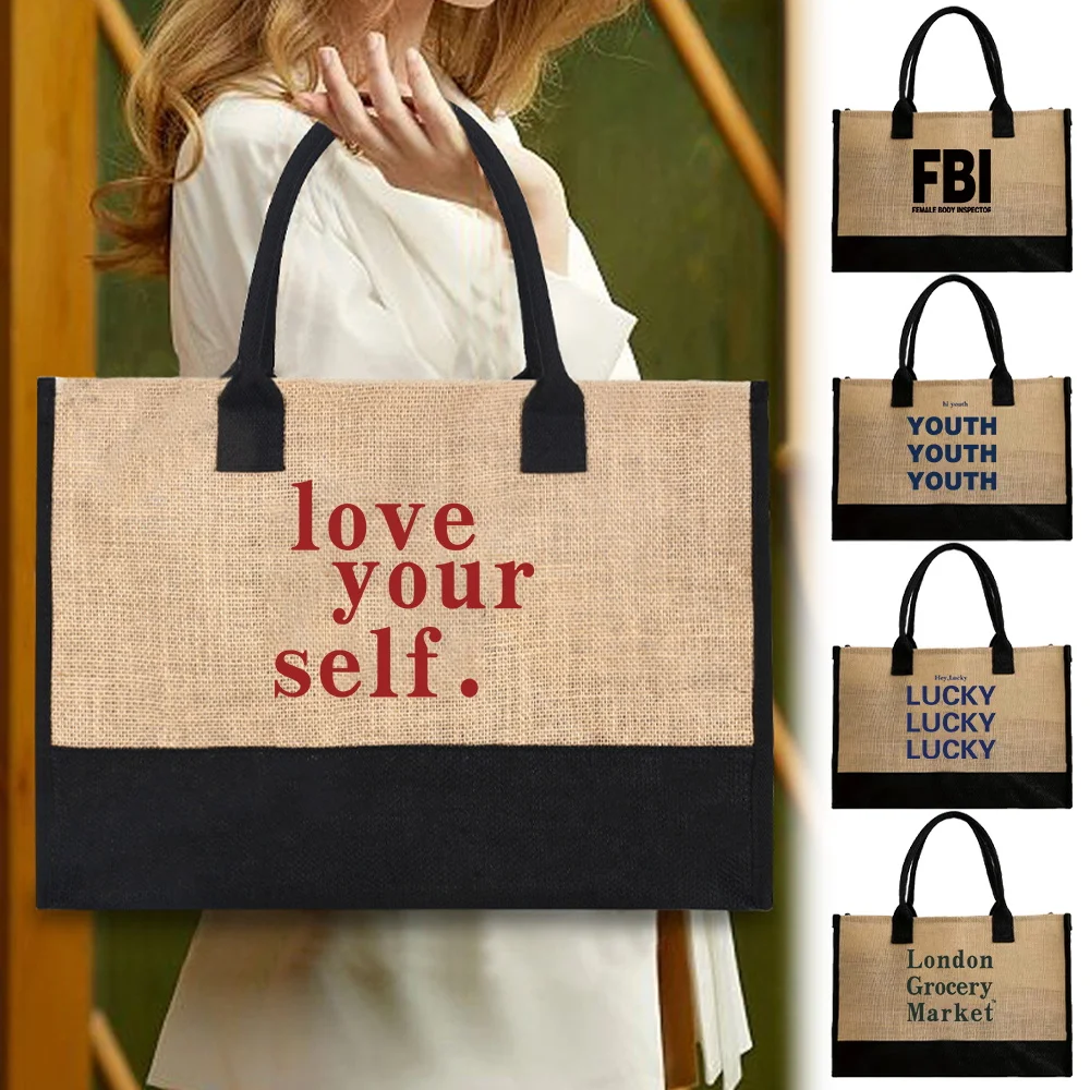 

Jute Shopper Bag Portable Imitation Sacks Handbag Reusable Large Capacity Shopping Bags Walls Series Daily Commuting Bag