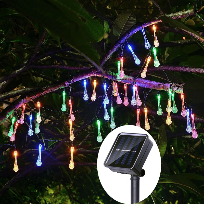 Solar Powered String Lights 20-200 LEDs Waterproof 8 Modes Water Drop Fairy String Outdoor Lighting Garden Holiday Paty Lights