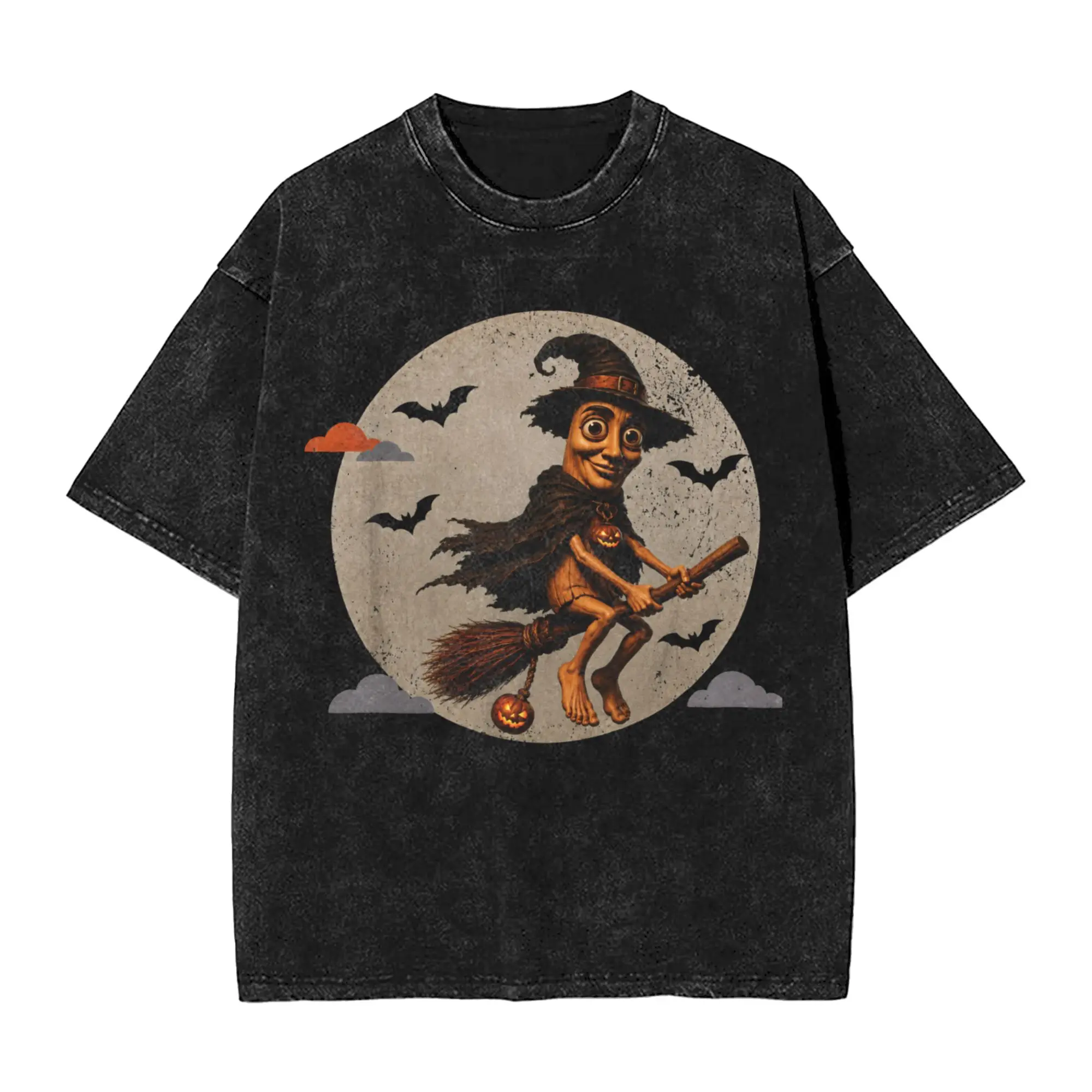 Man T Shirt Tung Tung Sahur Flying Witch Costume Halloween Meme Washed T Shirts Popular Beach Tee Shirt Retro Loose Cotton Tops