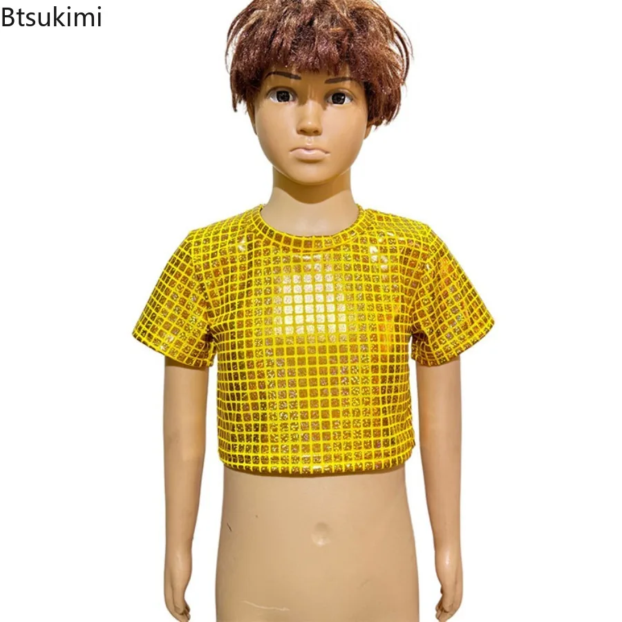 Summer Kids Boy Girl Hip Hop Jazz Outfits Set Short Sleeve Metallic Disco Crop Tops Cheerleading Children's Performance Costume