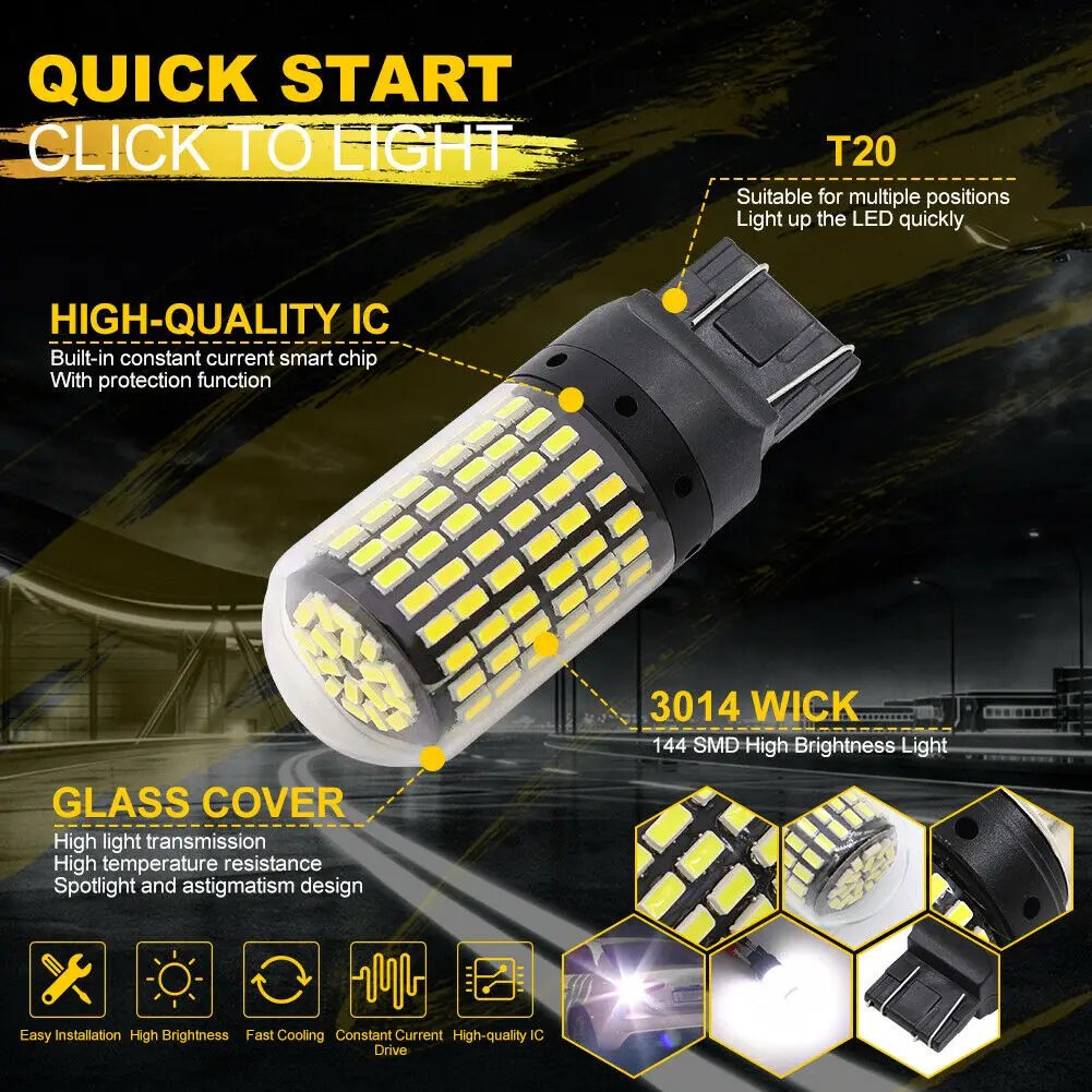 2X 7440 Canbus Super Bright Error Free LED Bulb T20 W21W 144 SMD White for Reverse Tail Turn Signal