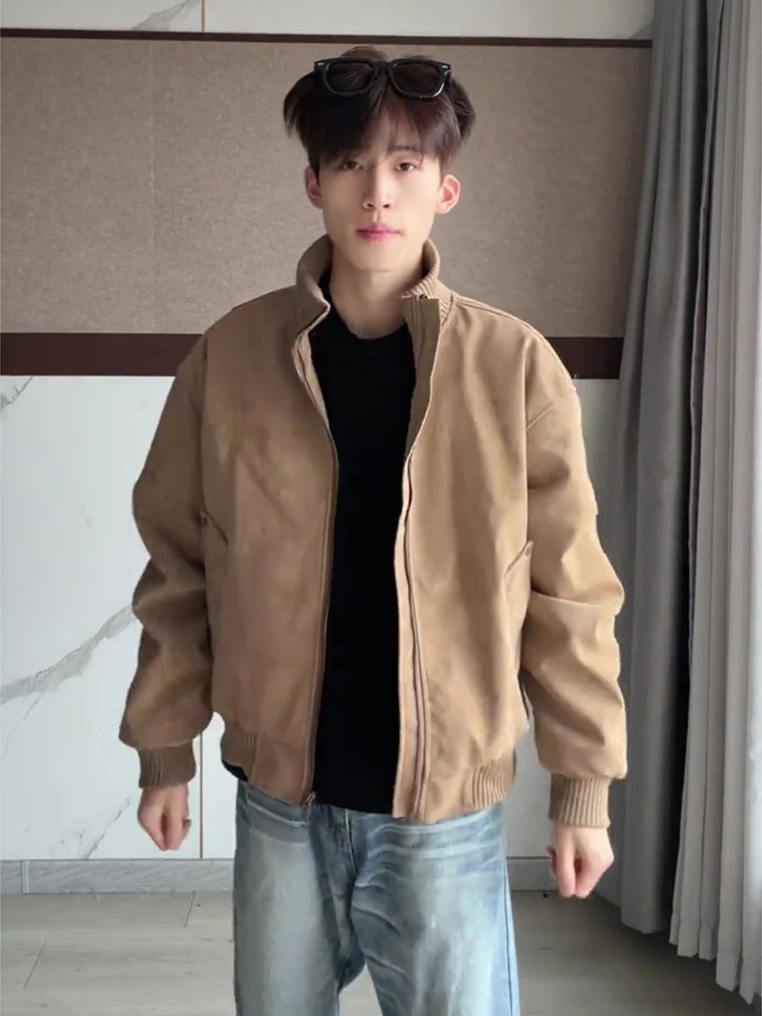 

American Retro Men's Pilot Jaet Spring Autumn Boxy ape Stand Collar Baseball Sle Fce Lined Thi ort Coat