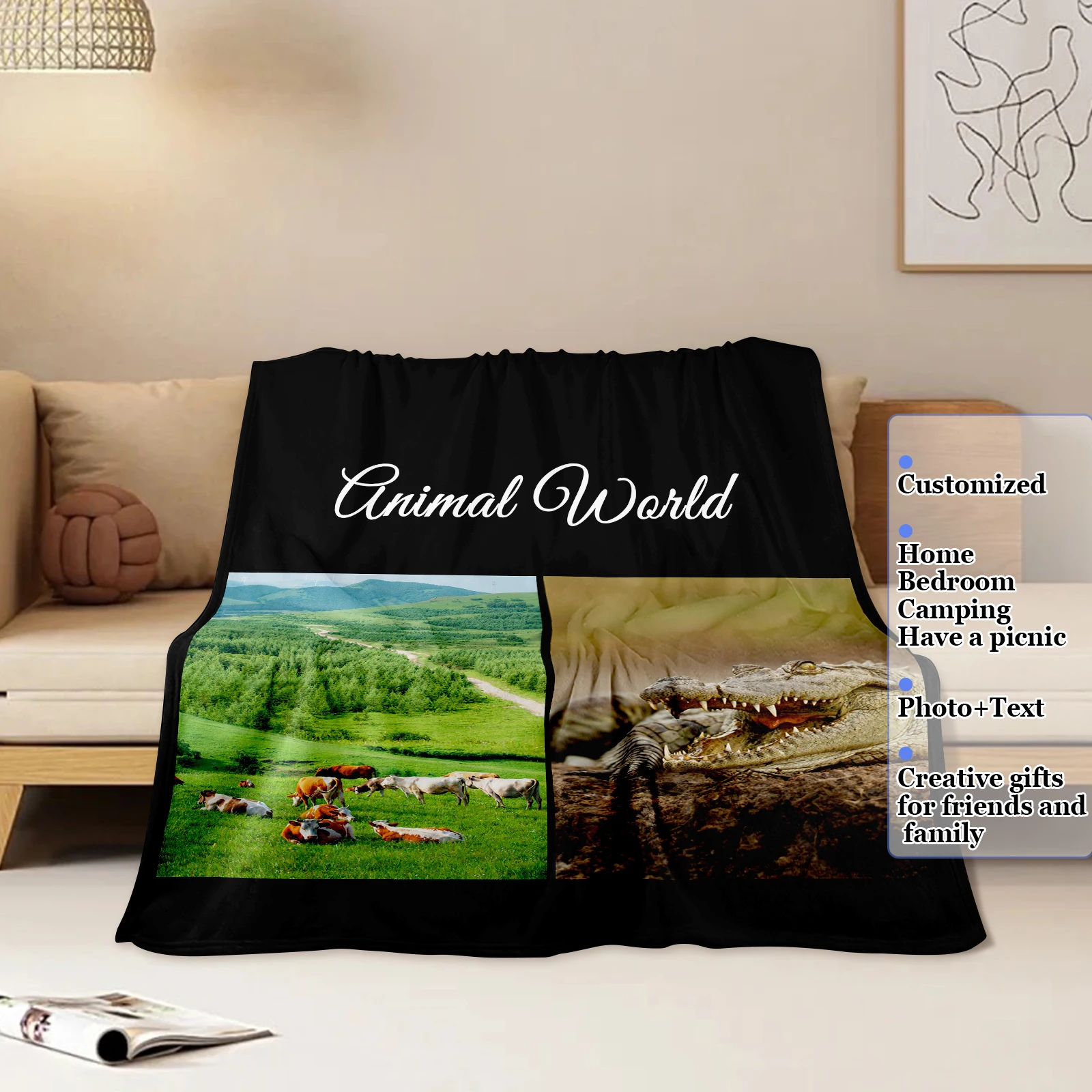 Animal World Wonders With Photo Customizable Blanket Prairie Cattle And Rock Crocodile Living Room Office Decor Picnic Available