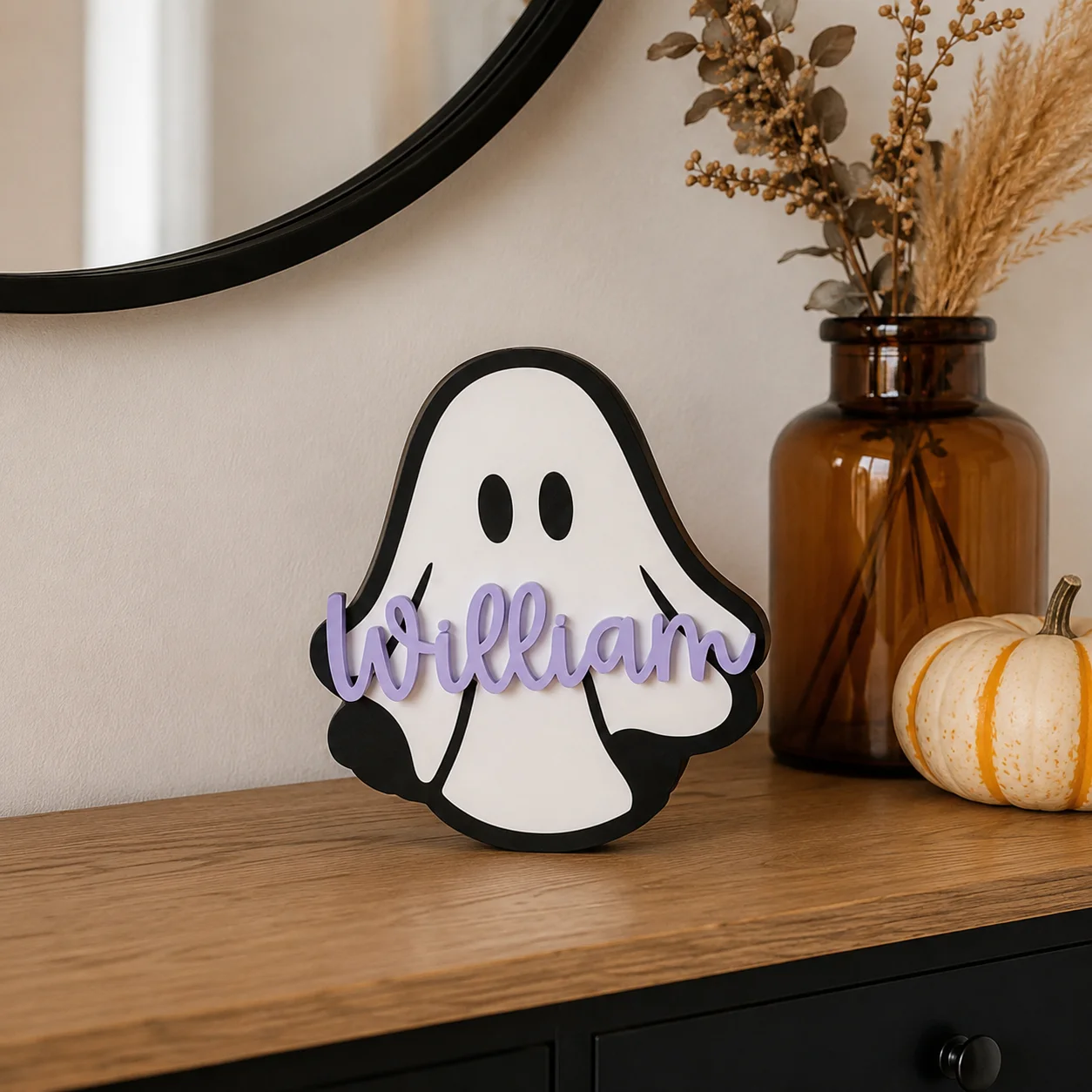 カスタムゴースト型木製ネームプレート、不気味で可愛いハロウィ - Nursery のレビューと価格