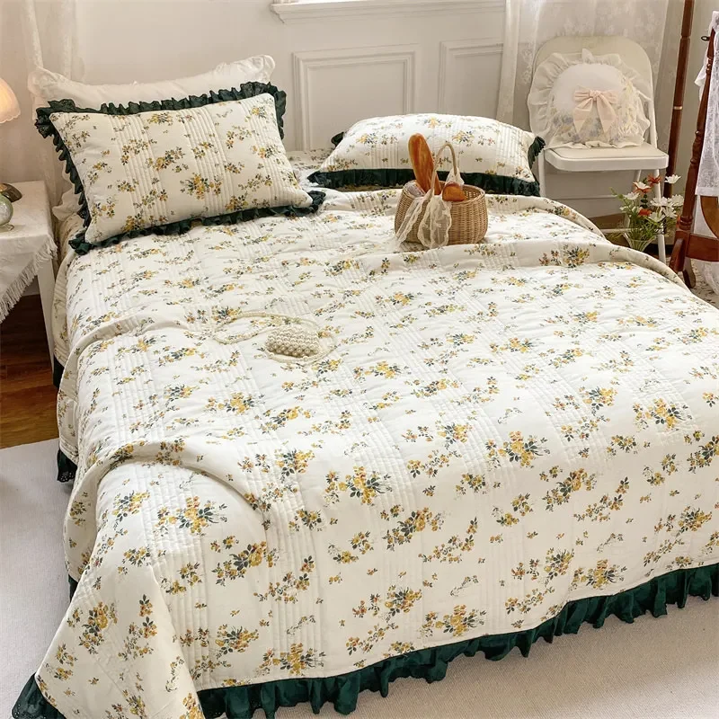 Imagem -02 - Colcha de Algodão Acolchoada Vintage Francesa Estampa Floral Lençol Plissado Macio com Travesseiros 230x250cm Peças