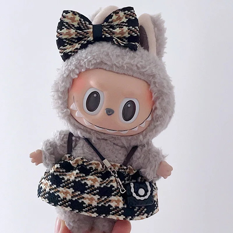 Boneka Labubu Liontin 17CM 17Cm Labubu Generasi 1 2 dan 3 Rok Sabuk Houndstooth Sistem Warna Macaron