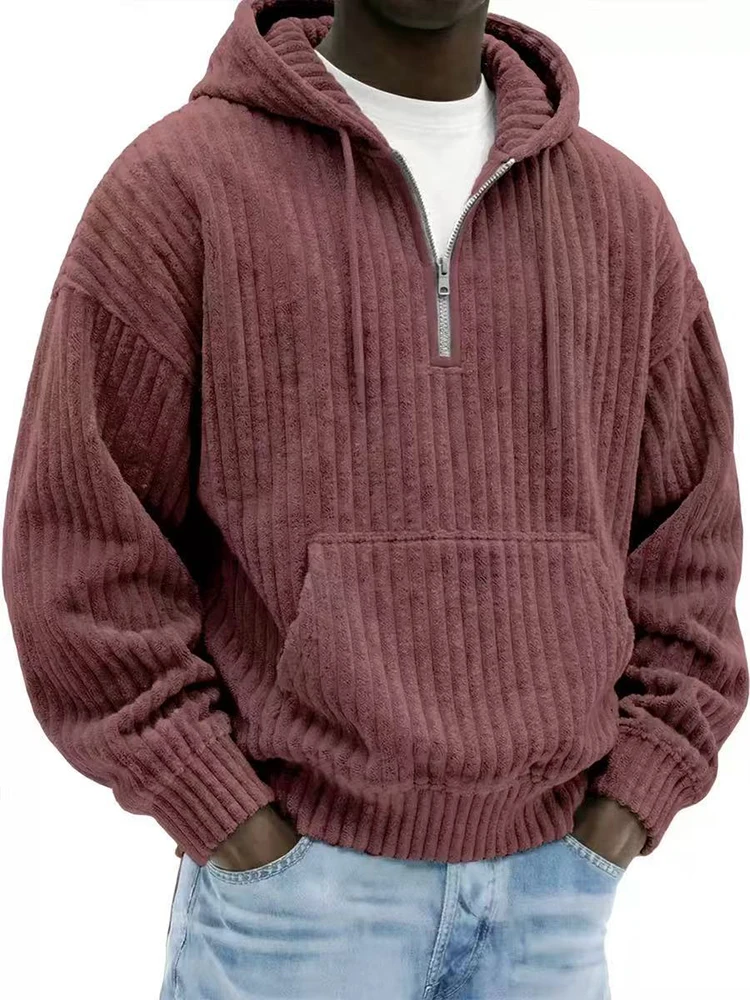 Fashionable Corduroy Hooded Sweatshirts Mens Vintage Solid Color Zipper Long Sleeve Polo Shirts Fall Winter Tie-up Pullover