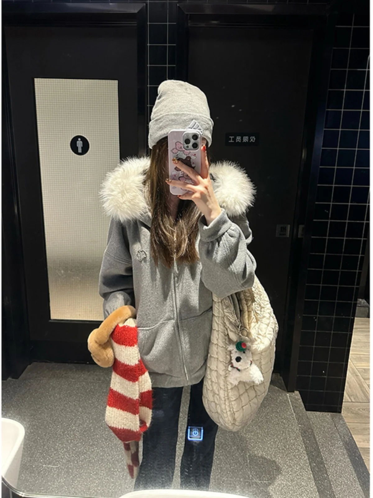 Retro Hong Kong Style Hooded Jacket Women's Autumn Winter New Fashionable Removable Fur Collar Sweatshirt Casual Loose Fit