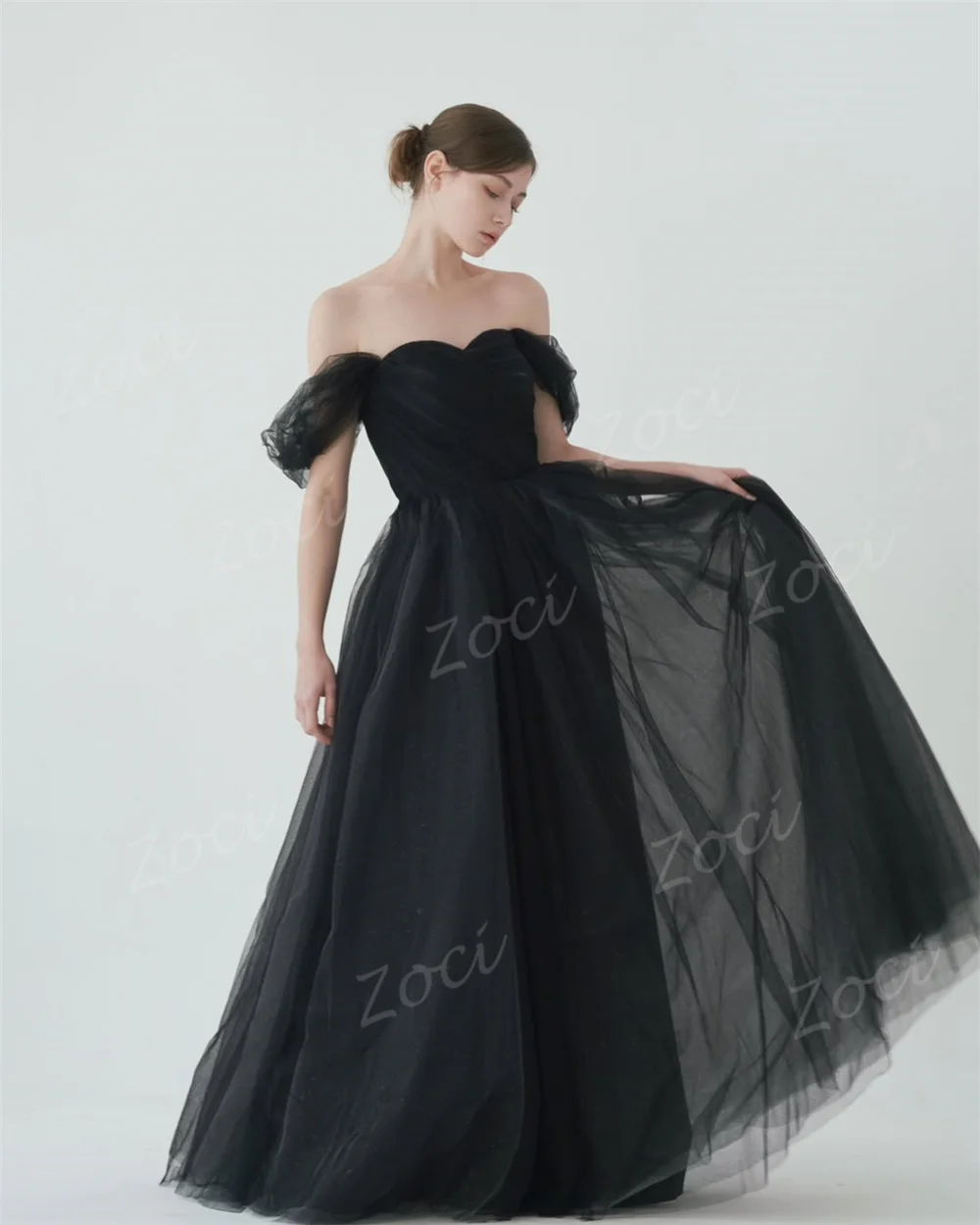 Zoci-vestidos de fiesta de boda de Corea, sencillos, sin tirantes, negros, personalizados, con hombros descubiertos, línea A, vestido de noche de tul, vestido de fiesta para ocasión