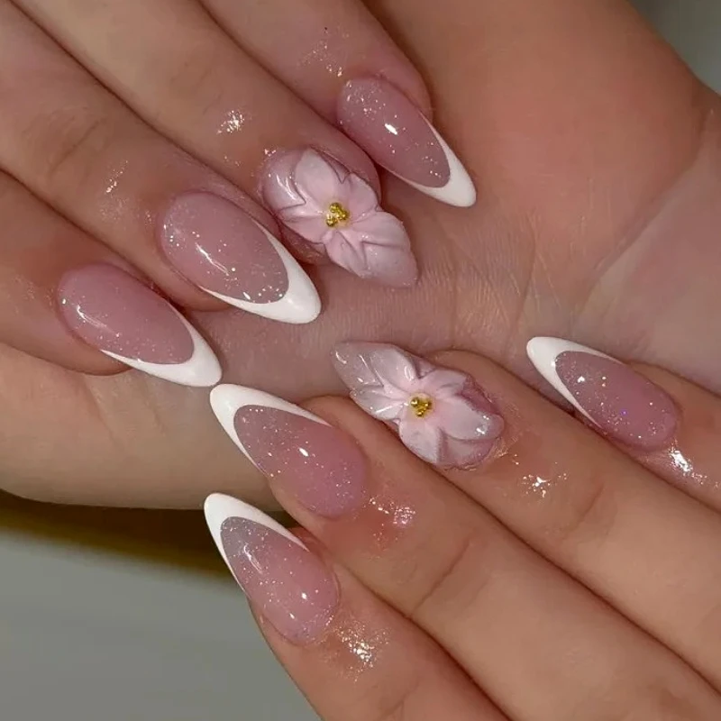 

French White Border Flowers Daisy Glitter Powder False Nails Leopard Long Pointed Fake Nails Art Press on Nails Charms Manicure