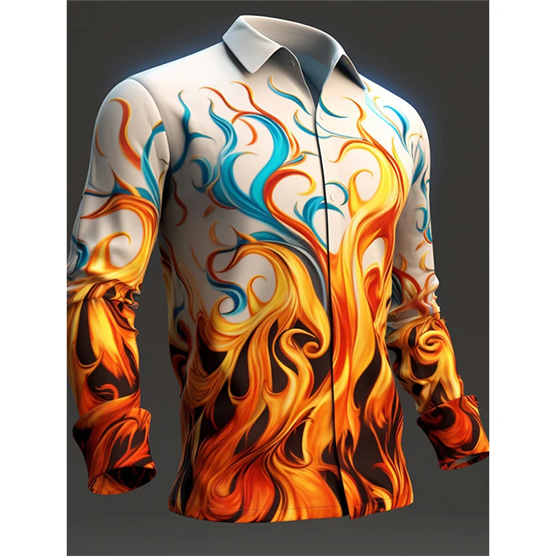 3D Print Flame Graphic Casual Button Down Shirts For Men Daily Wear Long Sleeve Turndown Large Size Tee Shirt Mens Blouse