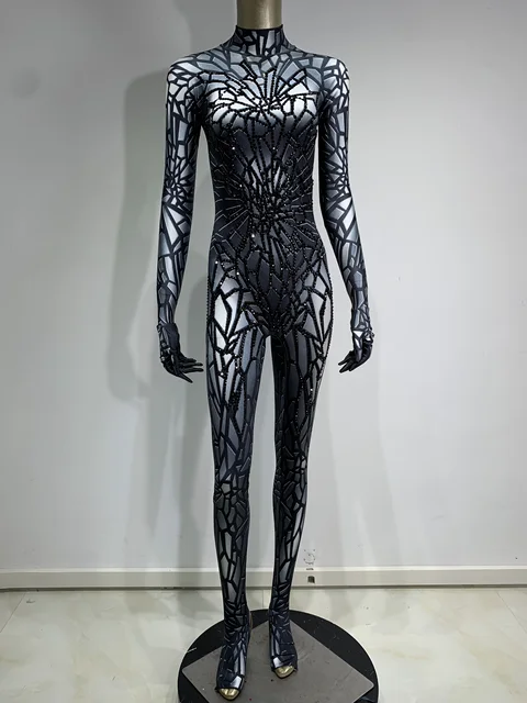 Kobiety seksowny nadruk Rhinestone Stretch kombinezon klub wieczorowy kostium imprezowy nosić piosenkarka tancerz kostium sceniczny