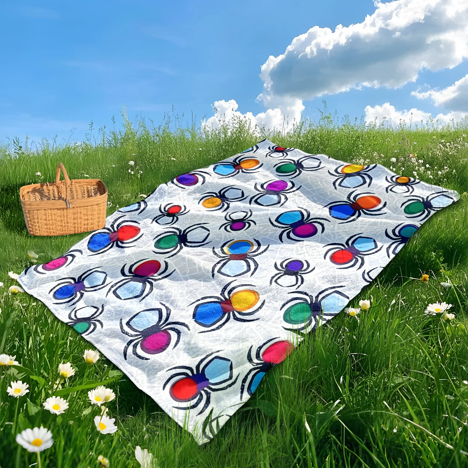 カラフルなスパイダーフレンドシップブランケット、鮮やかなパターンとユニークなテーマの芸術的な美学を備えた屋外装飾用