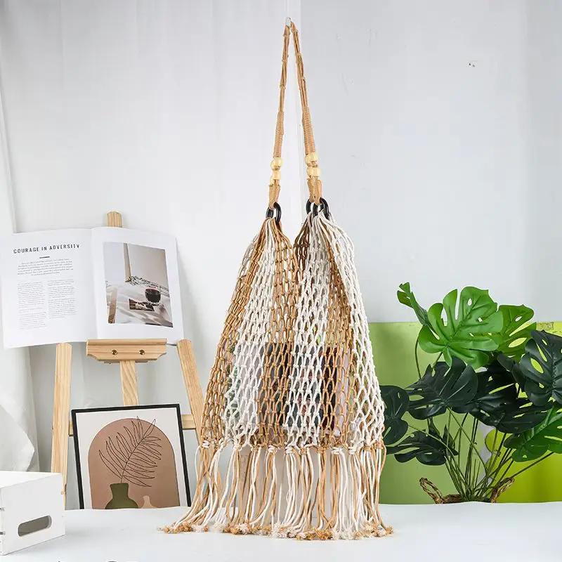 

Bohemian Woven Mesh Bag Crochet Net Tote Beach Shopping Bag Handmade Cotton Rope Bag Wooden Handle Purse Mendy