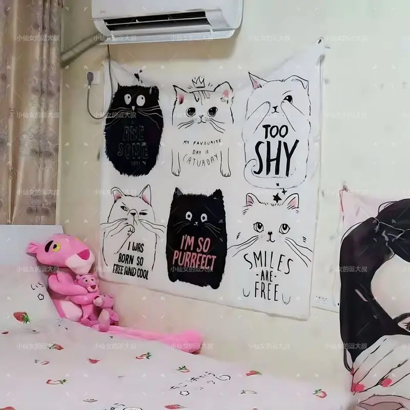 VIKAMA Black White Simple Pen Teddy Bear Tapestry, Teddy Bear Honey Cartoon Wall Art for Bedroom Living Room Decor