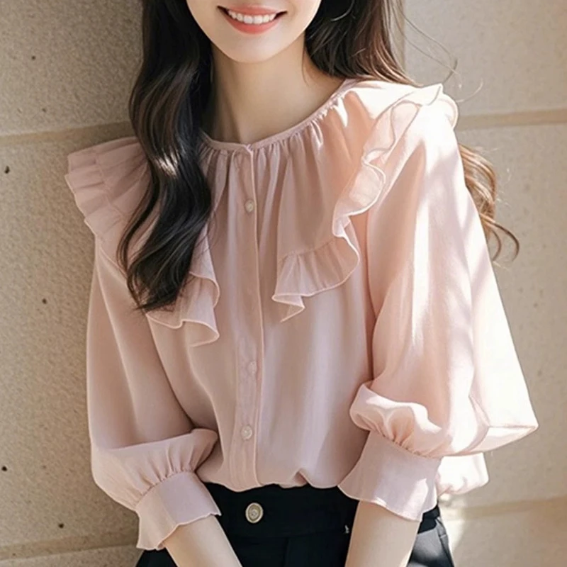 

Chiffon Ruffle Women's Blouses Korean Shirts FASHION Loose Summer Casual Clothing Solid Long Sleeve Women Tops