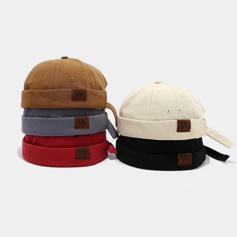 Unisex Letter W Leather Patch Docker Cap Retro No Brim Melon Hat Casual Streetwear Adjustable Cotton Cap