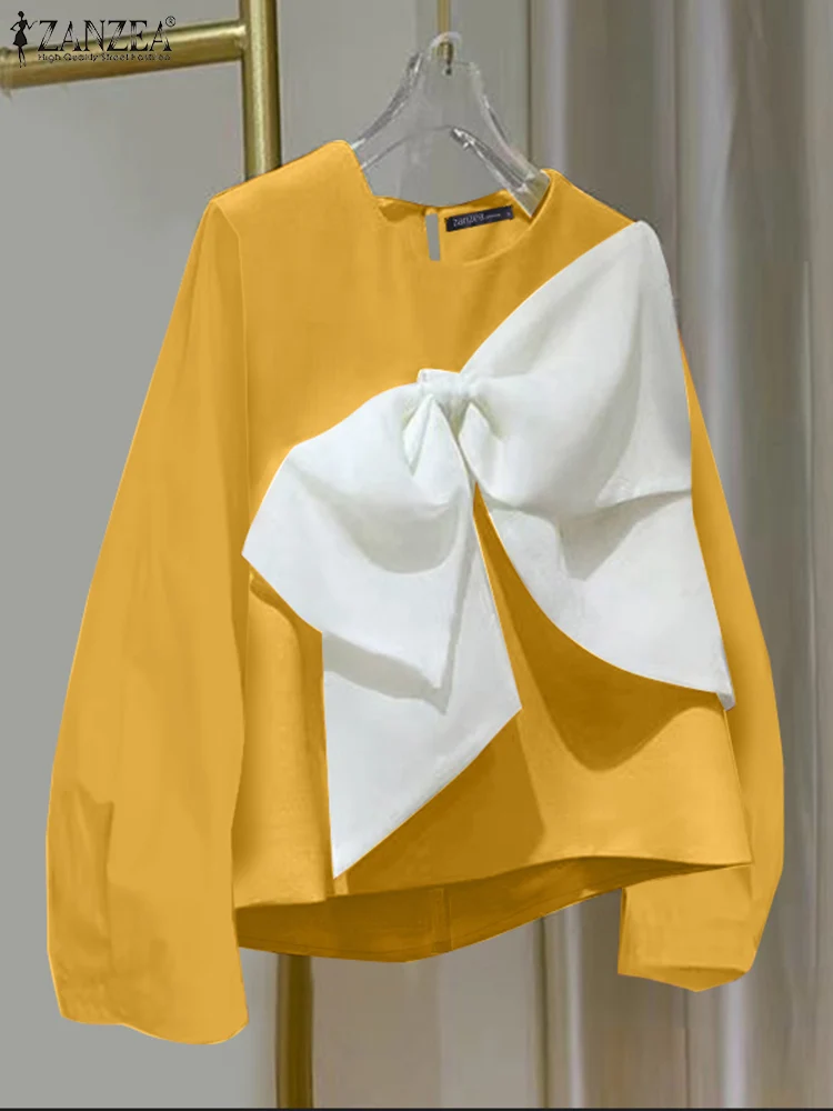 ZANZEA Mode Lange Mouw Blouse 2023 Herfst Vrouwen Koreaanse Tunieken Casual Strik Blusas Sweety Ronde Hals Kleur Patchwork Tops