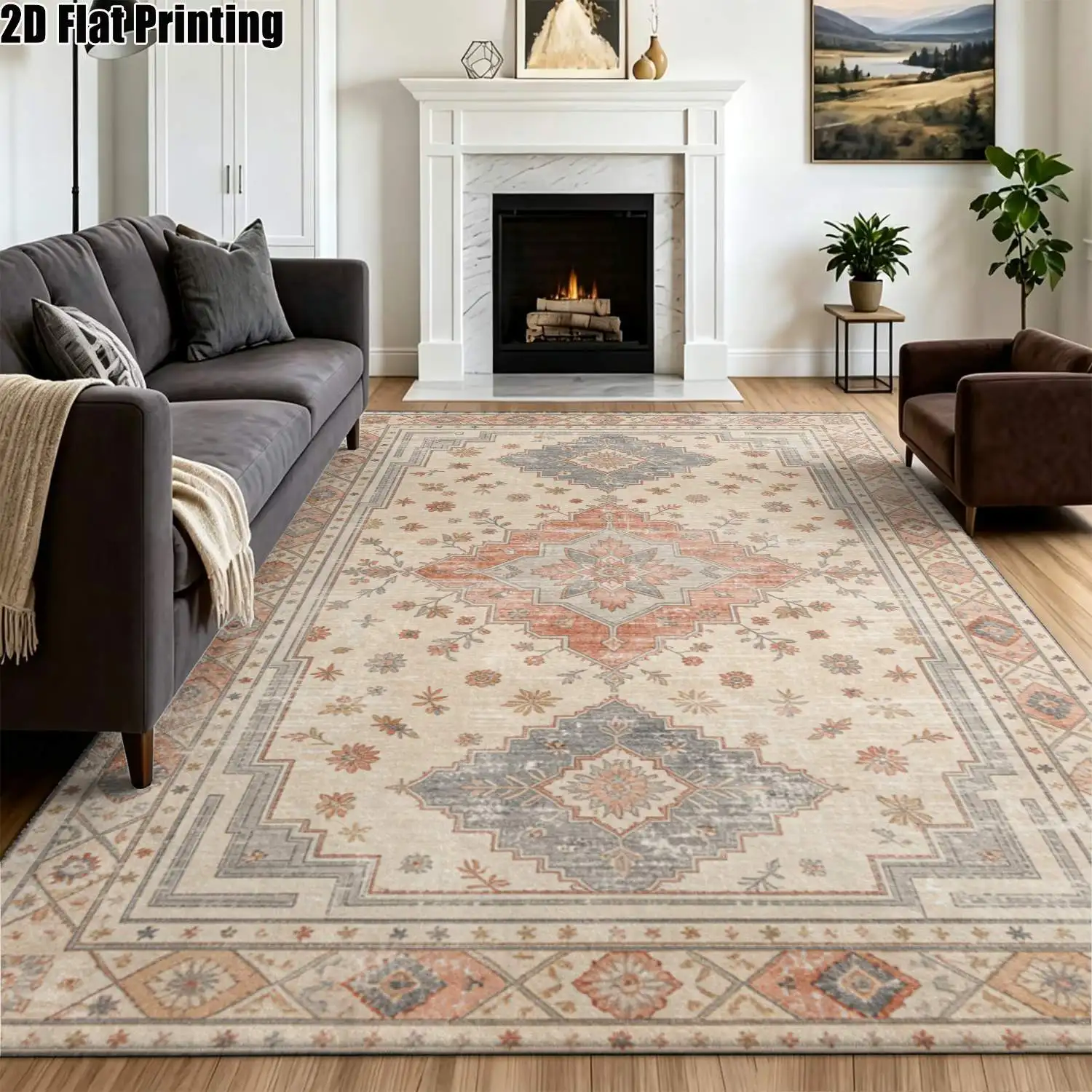 1Pc 2D Printed Beige Blue Gray Geometric Vintage Bohemian European Carpet, Home Decor, Multi-Size, Machine Washable, for Living Room Bedroom Dining Room Entrance Study