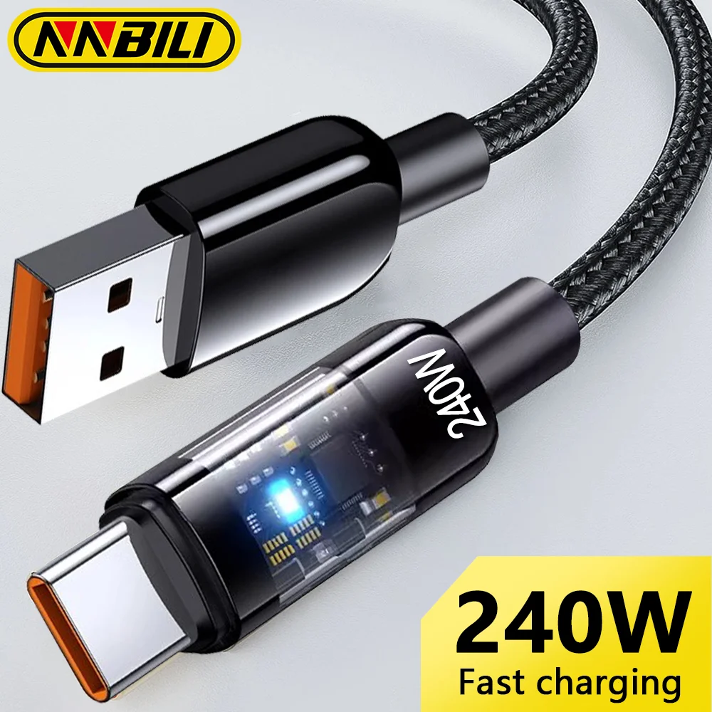 

NNBILI 240W Quick Charge USB C Cable - Nylon Braided Transparent Type C High-Speed Charger Data Line for Samsung Huawei Mi