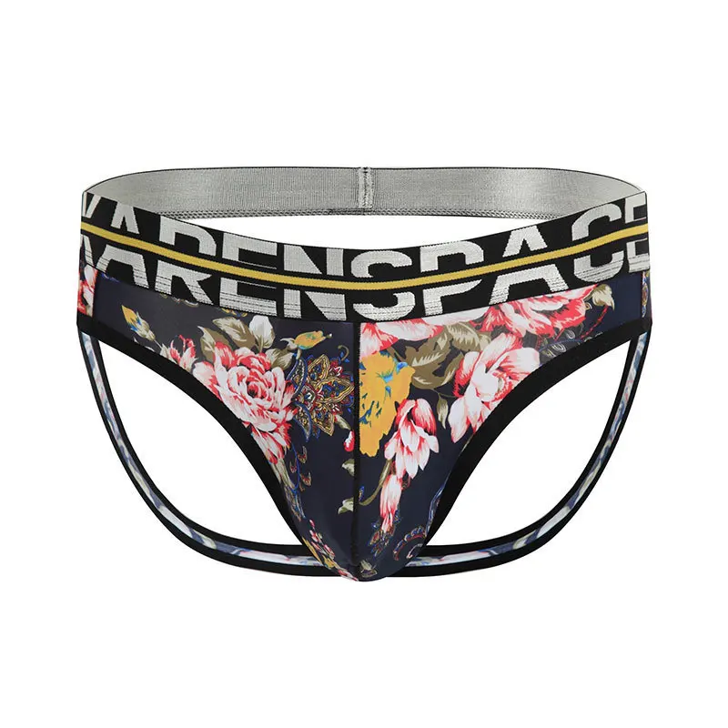 

Floral Print Jockstrap for Men Sexy Low Waist G-String with Karen Space Logo Waistband Youth Fashion U Convex Pouch Underpants