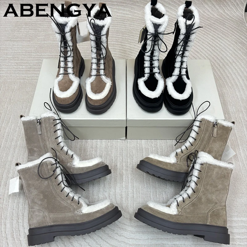 2025 Winter Lace Up Warm Wool Snow Boots For Women Thick Sole Suede Leather Short Boots Female Casual Fur Platform Botas Mujer