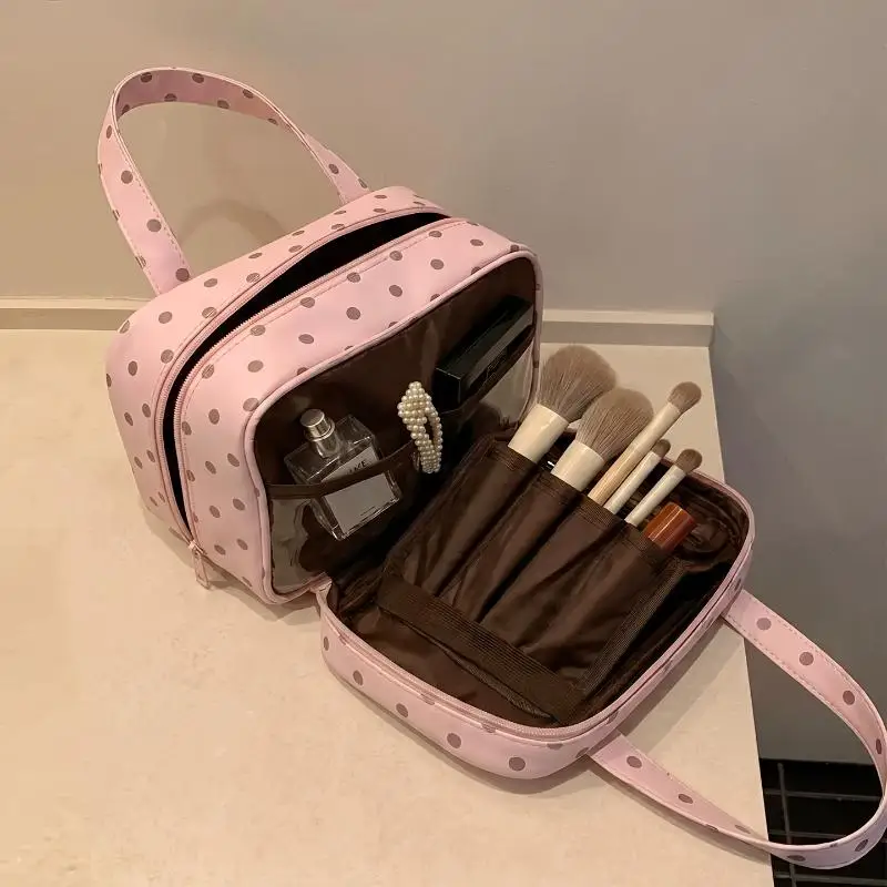 Gepunktete Handtasche für Make-up Multifunktionale Dreischichtige PU-Kosmetiktasche mit Großer Kapazität Wasserdichte Reisetasche – Detail 13