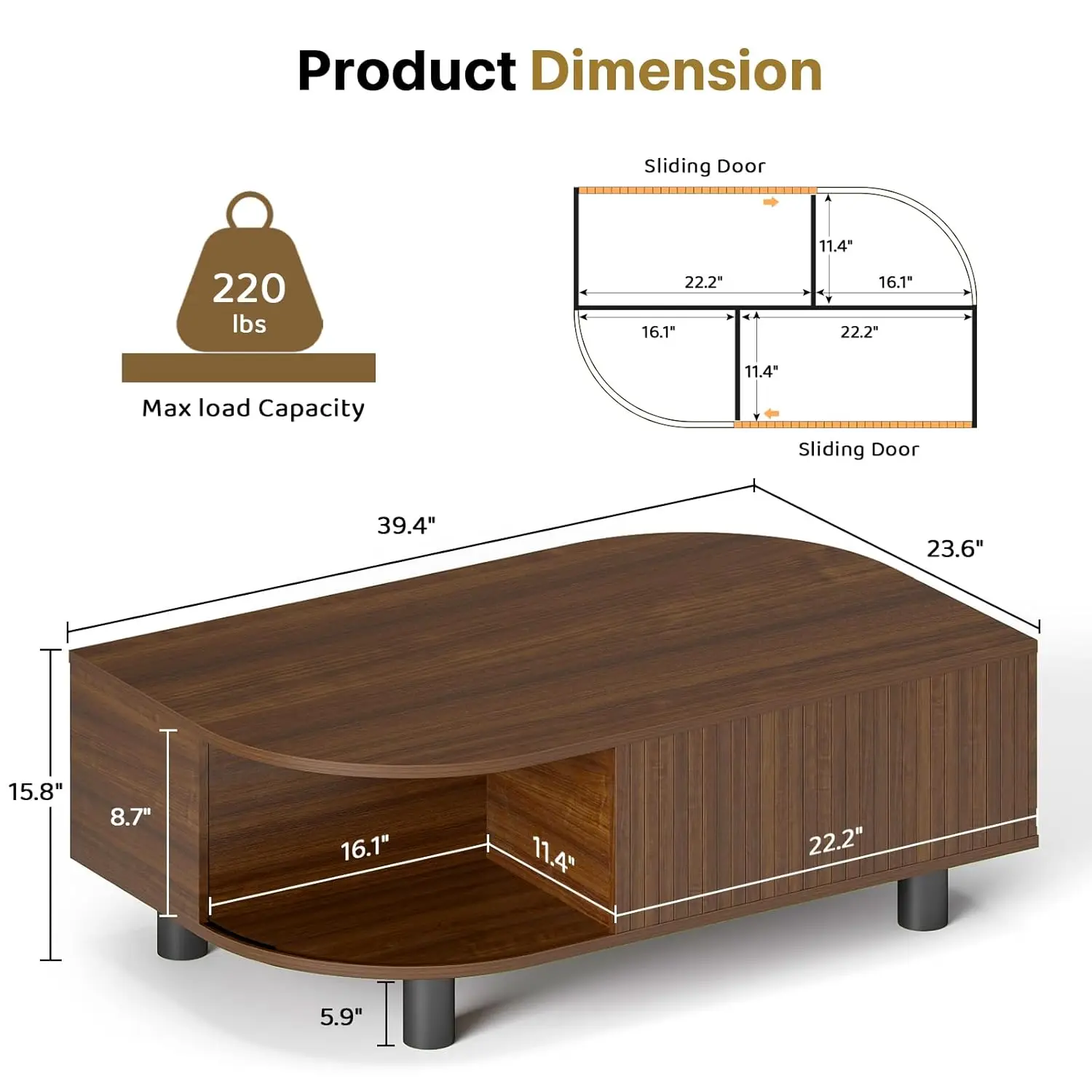 Mid-Century Modern 39.4" Coffee Table - Leaf-Shaped Wood Center Table With Storage, Retro Fluted Central Table With Sliding Door