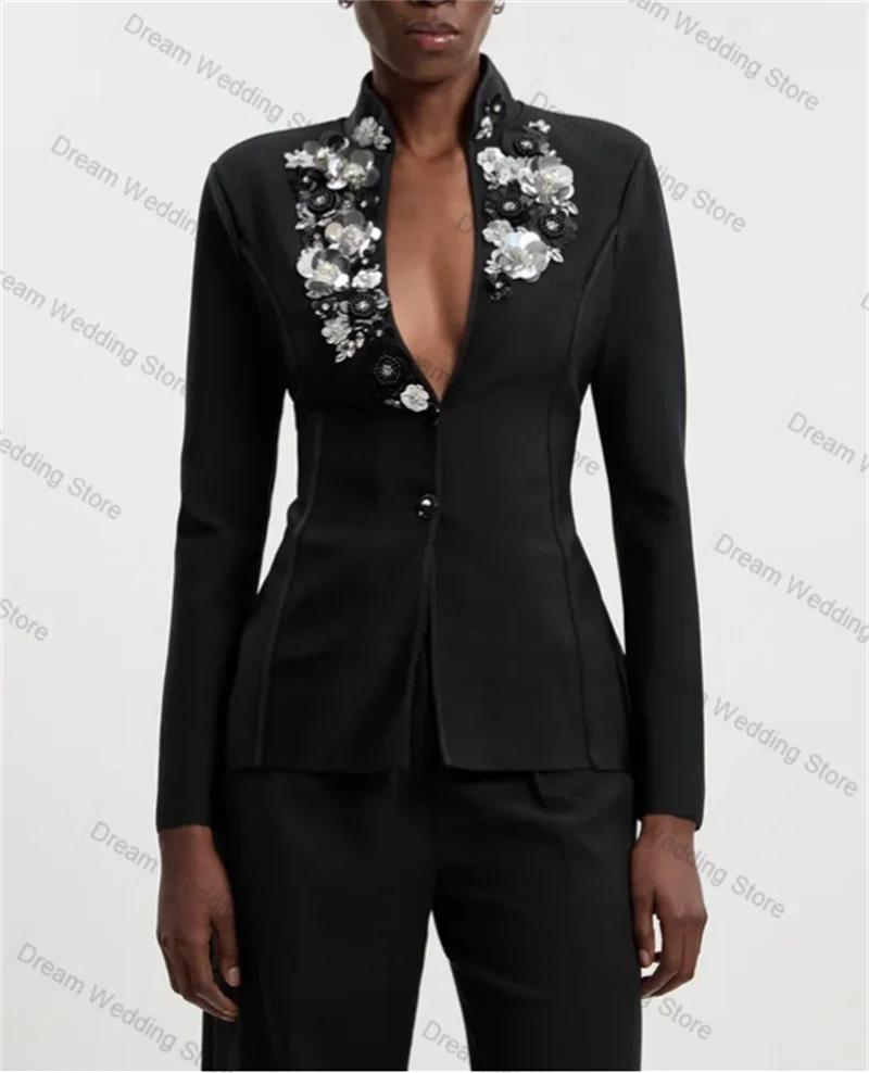 Black Women Suit Set 2 Pcs Blazer+Pants Luxury 3D Flower Crystals Formal Office Lady Jacket Customized Wedding Tuxedos Coat