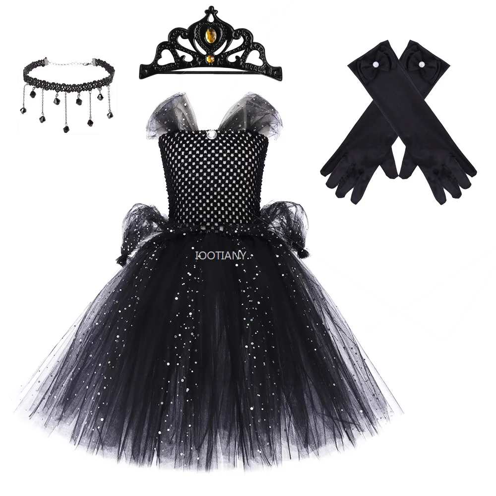 

Kids Evil Queen Party Dark Princess Dress Carnival Girls Cosplay Dark Princess Witch Tulle Tutu Dress Black Gothic Ghost Costume
