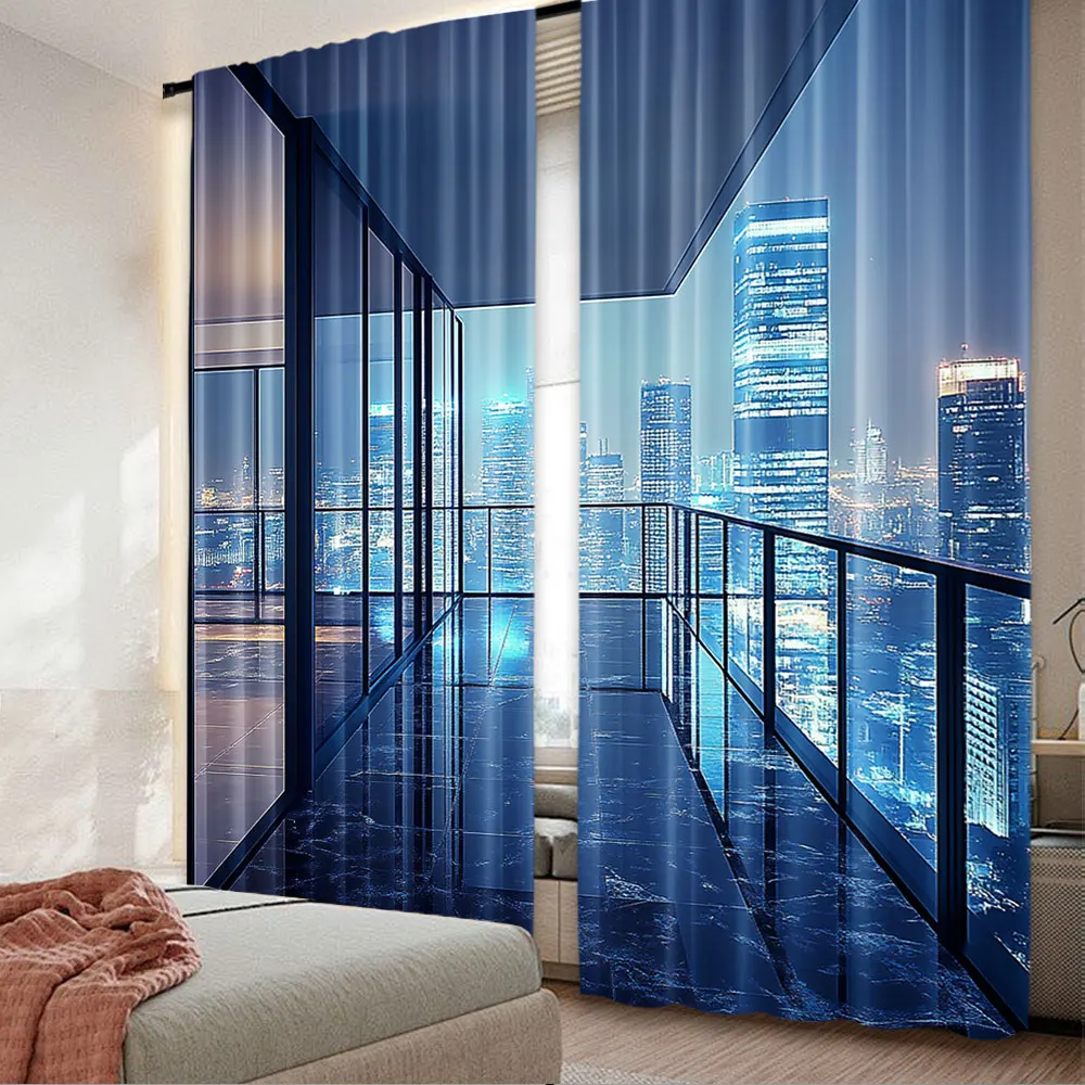 

2Pcs Aerial View City Landscape Curtain New York City Night View Backdrop Skyscraper For Living Room Bedroom